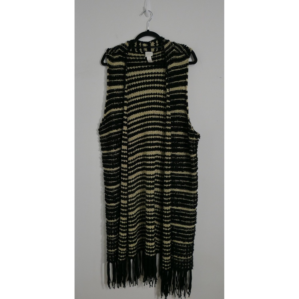 Chico's Womens Kimono Vest Size 3 Black Gold Metallic Striped Fringe Fuzzy Boho